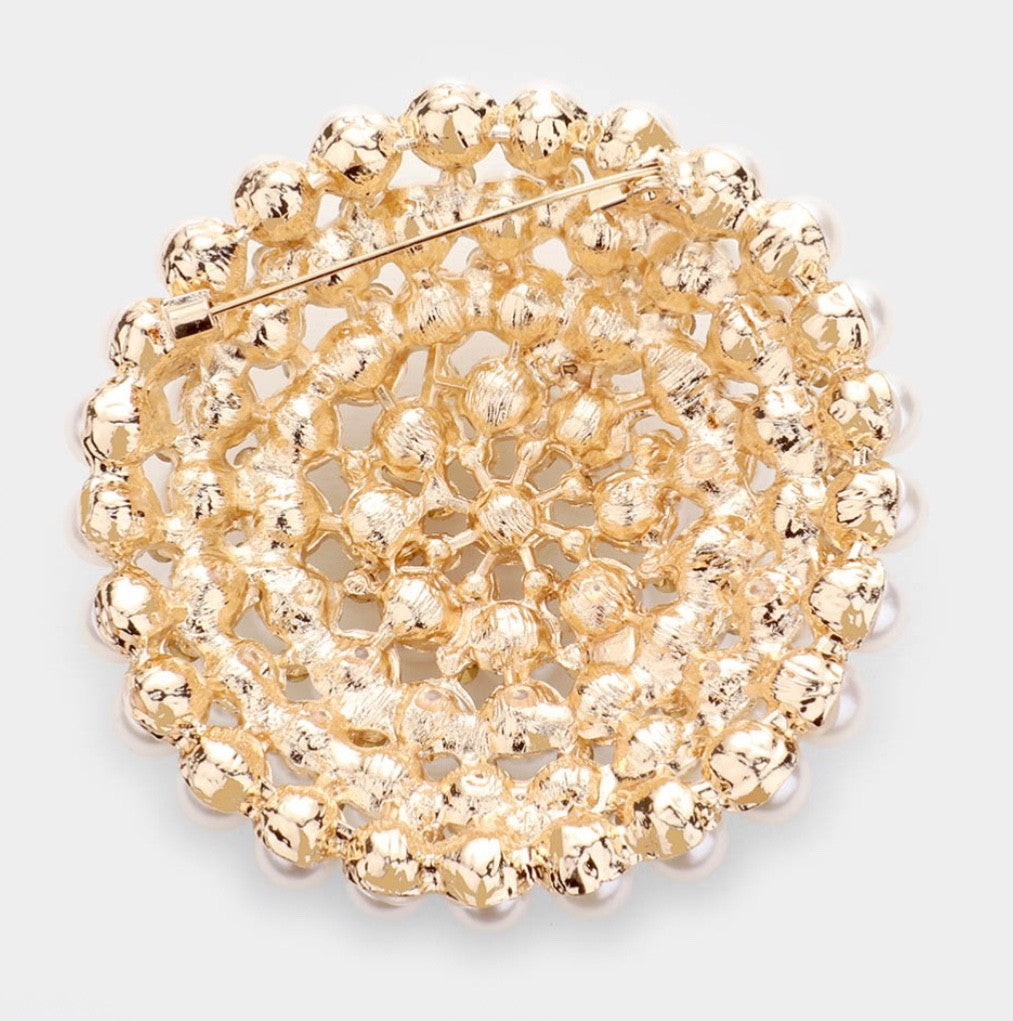 Pink Faux Pearl and Crystal Cluster Round Gold-Tone Statement Brooch