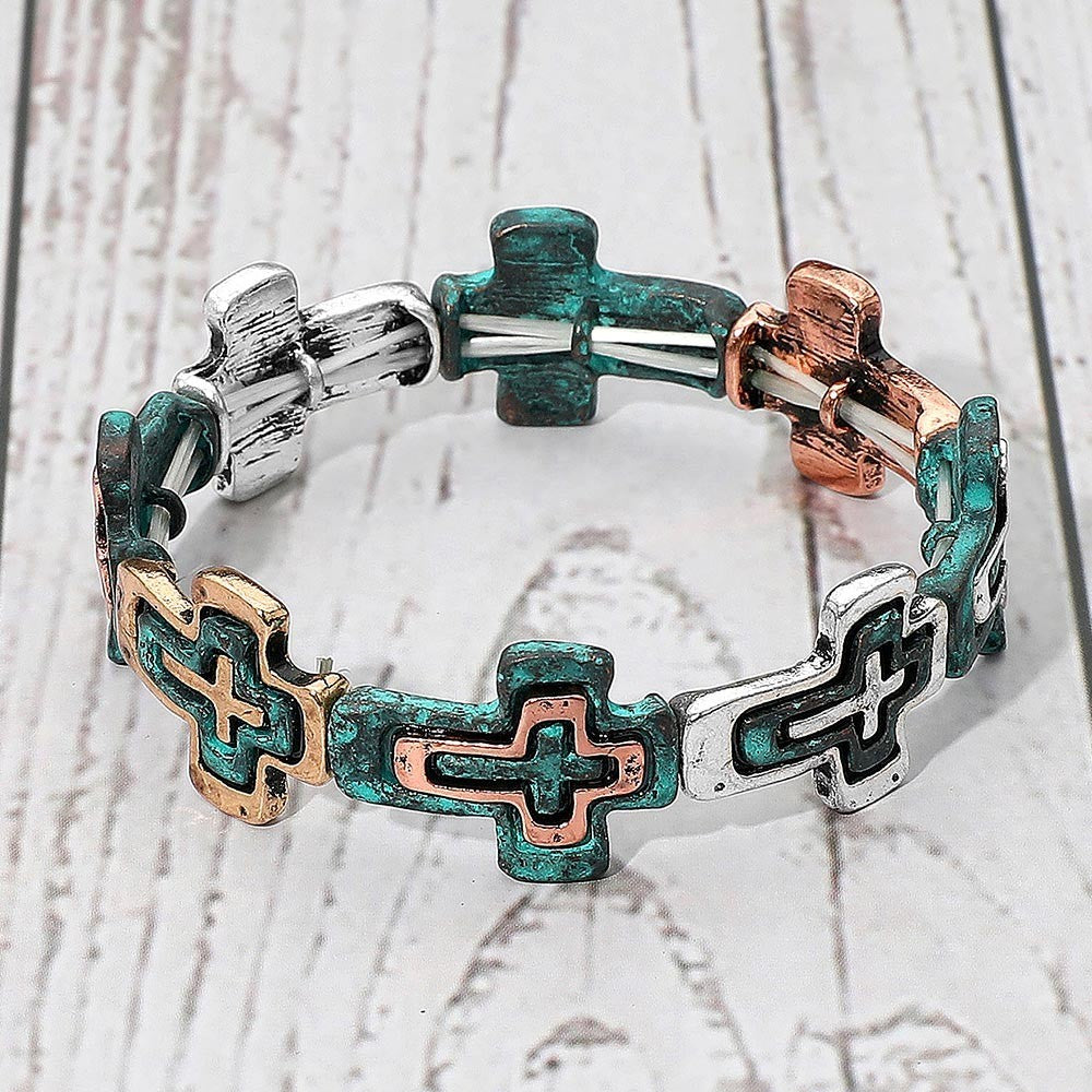 Western Boho Vintage Metal Cross Beaded Stretch Bracelet Faith Jewelry