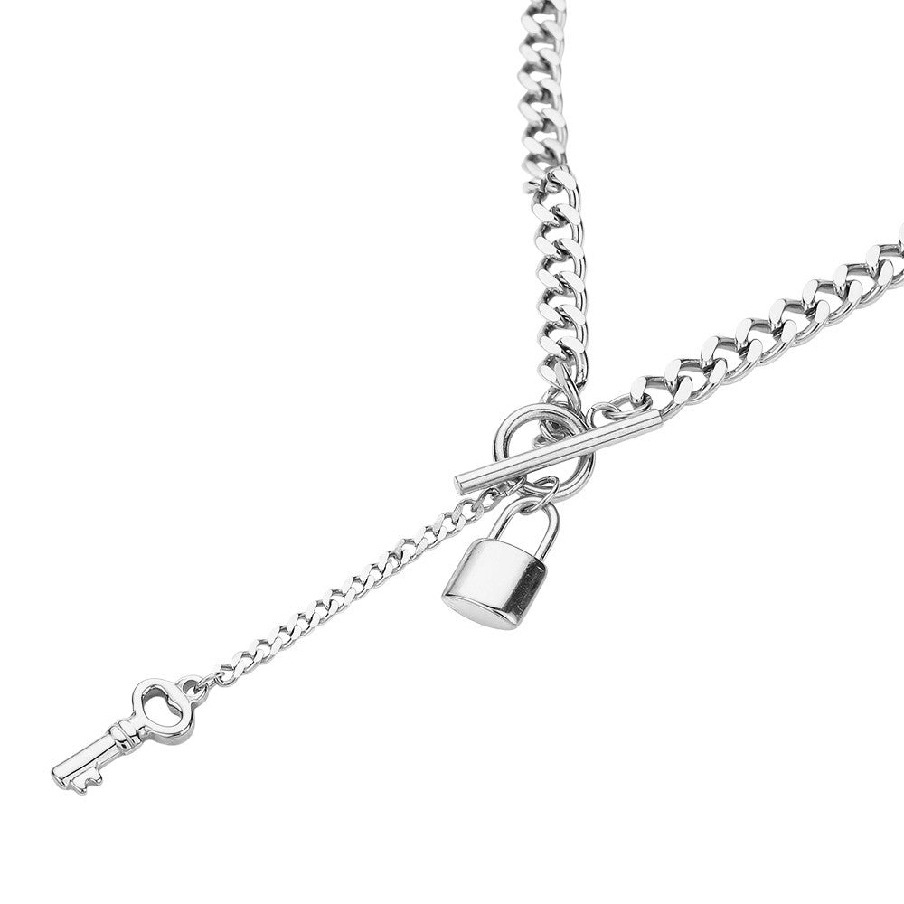 Cuban Chain Toggle Lock Key Necklace Stainless Steel Waterproof 16.5 + 2.8 in