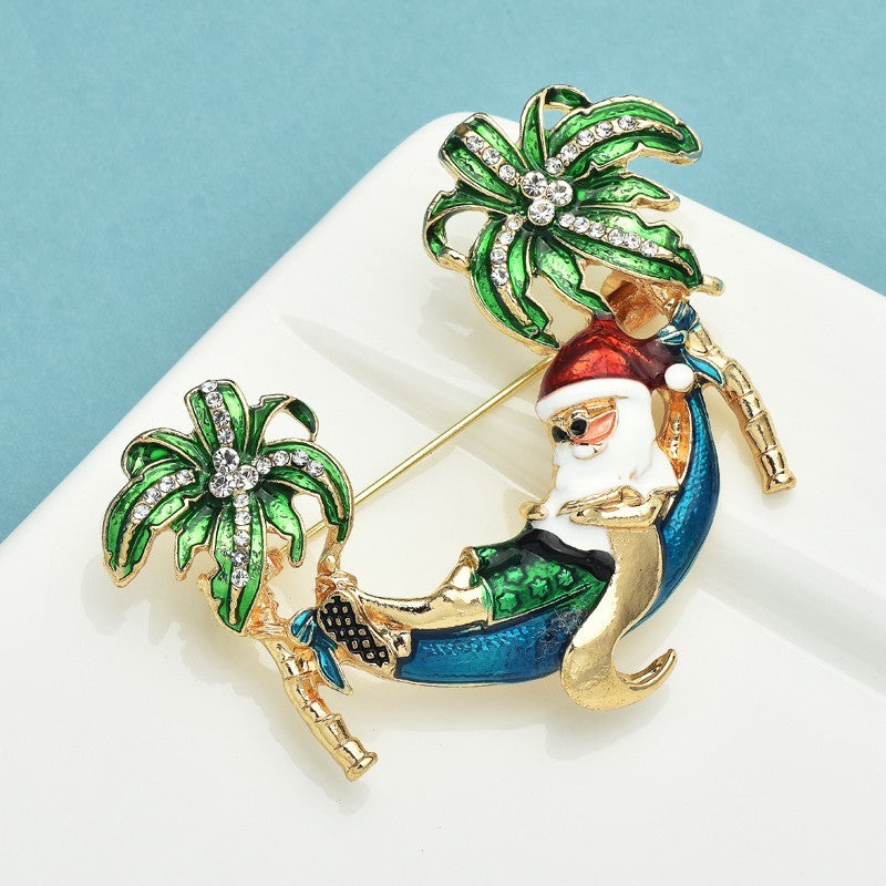 Tropical Santa in Hammock Brooch Pin Christmas Beach Vacation Rhinestone Enamel