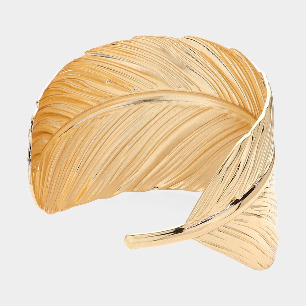 Gold Tone Textured Leaf Cuff Bracelet Bold Nature-Inspired Statement Jewelry