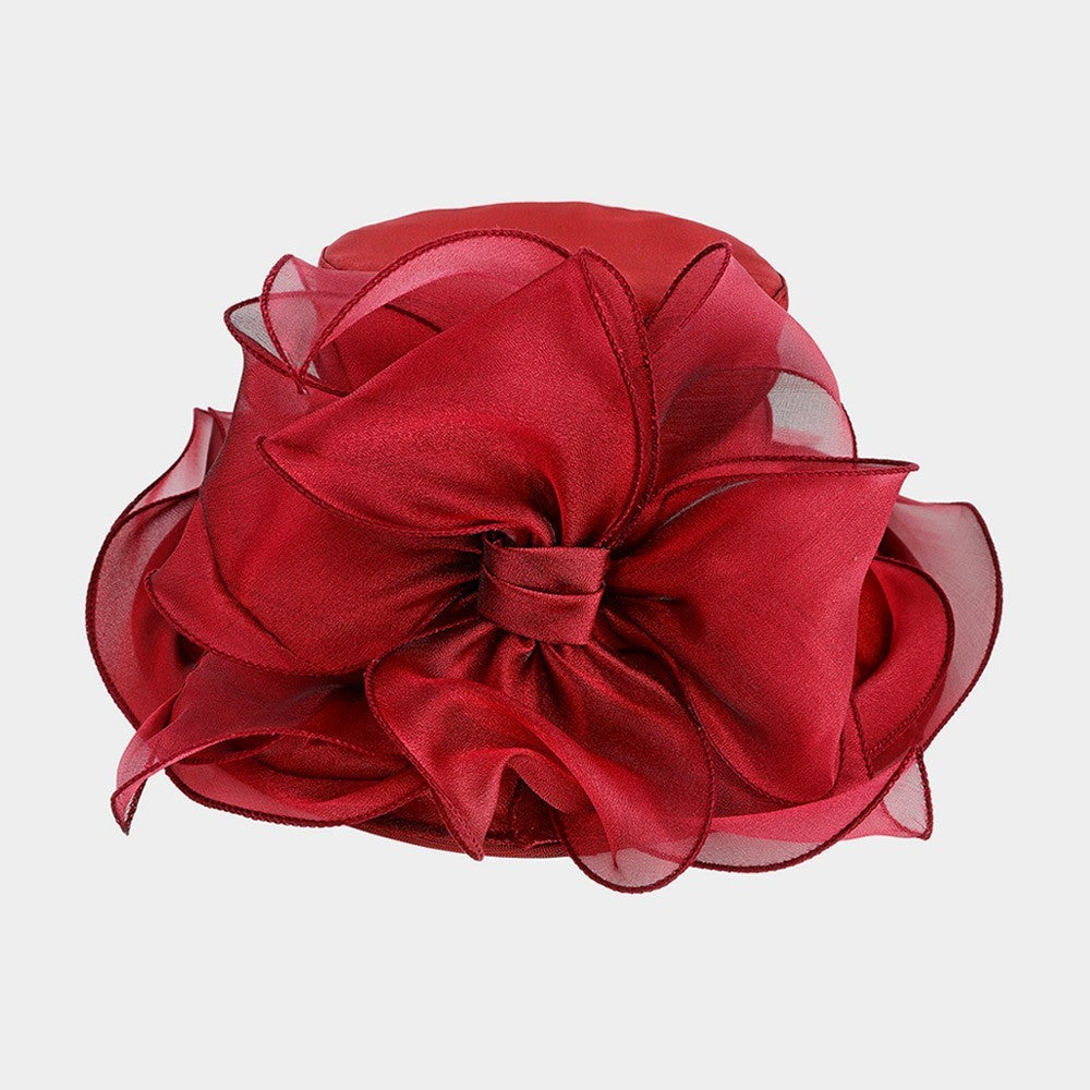 Detachable Bow Detailed Brim Organza Dressy Hat for Women's Burgundy 23"