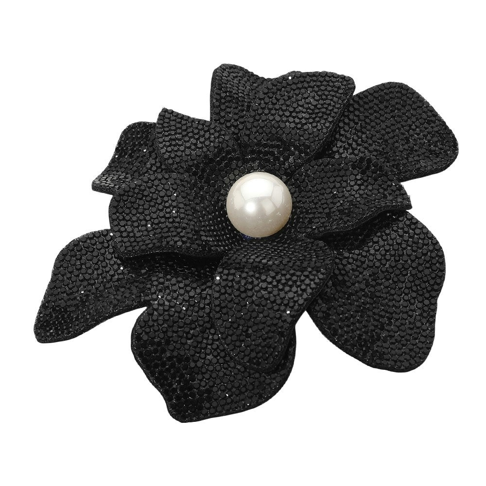Elegant Black Rhinestone Flower Brooch with Large White Faux Pearl Statement