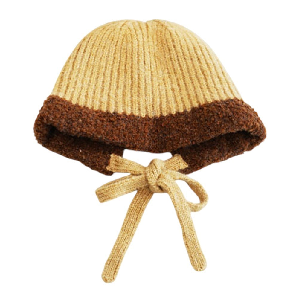 Two-Tone Knit Beanie Hat with Adjustable Tie - Winter Warmth Fashion Accessory