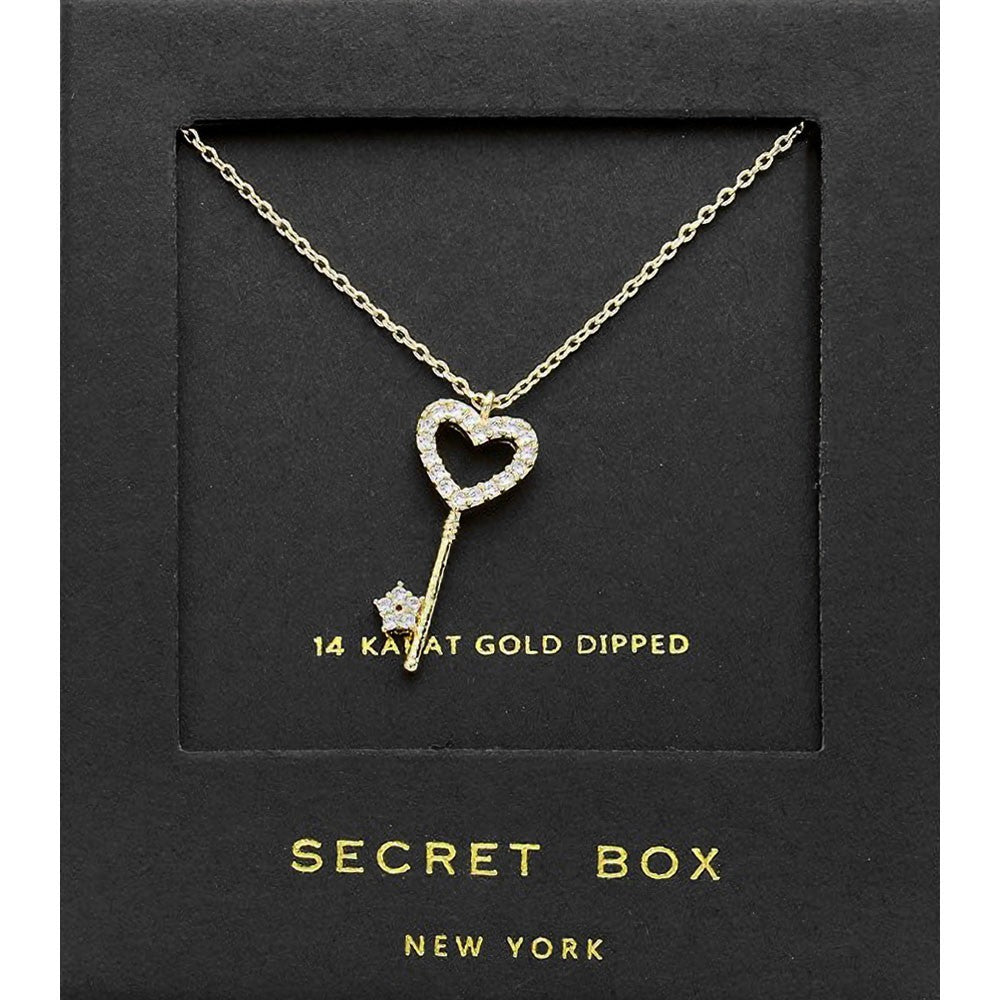 14K Gold Dipped Crystal Heart Key Pendant Necklace Romantic Gift