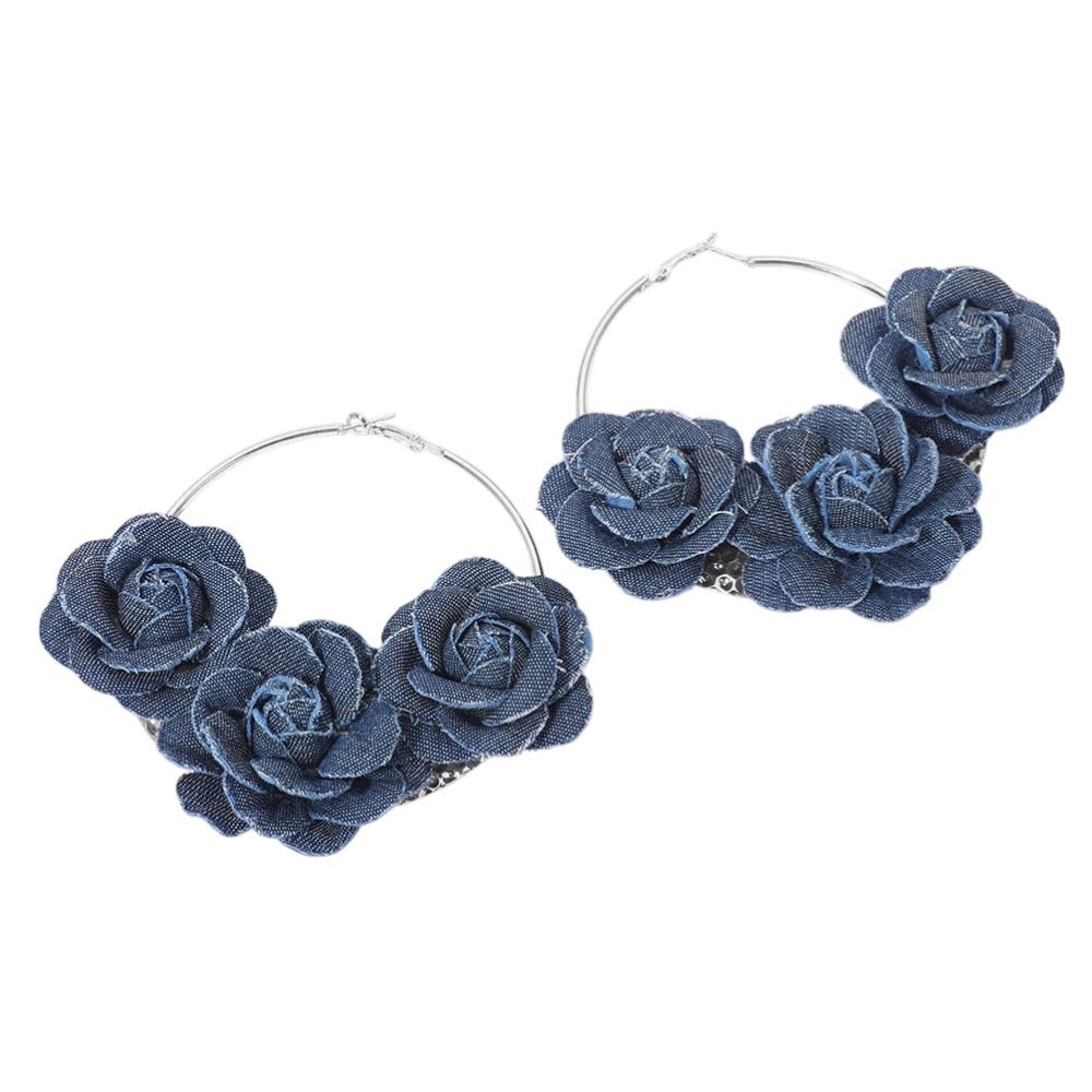 Large Silver Tone Hoop Earrings with Triple Blue Denim Fabric Rose Accents