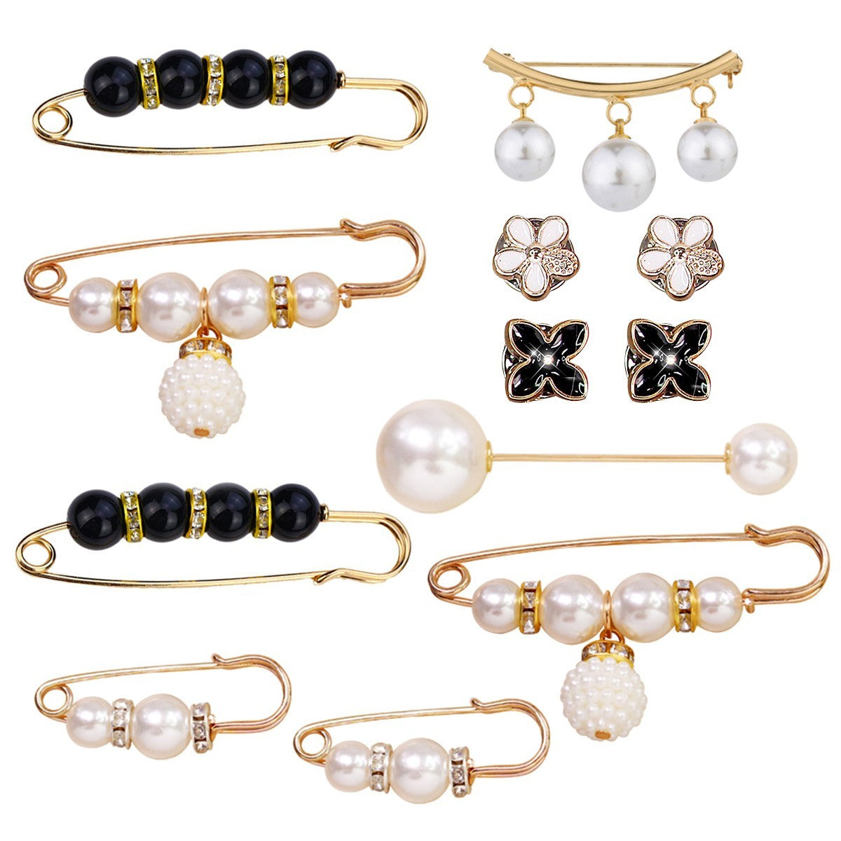 12pcs Faux Pearl Brooch Pin Set Waist Extender Safety Pins for Women