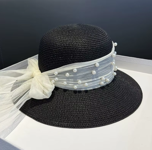 Pearled Sheer Ribbon Band Sun Hat Black Hats for Womens Fancy Accessories