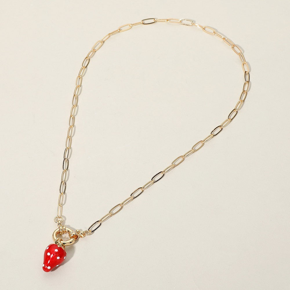 Gold Paperclip Chain Necklace Strawberry Charm Enameled Fashion Jewelry