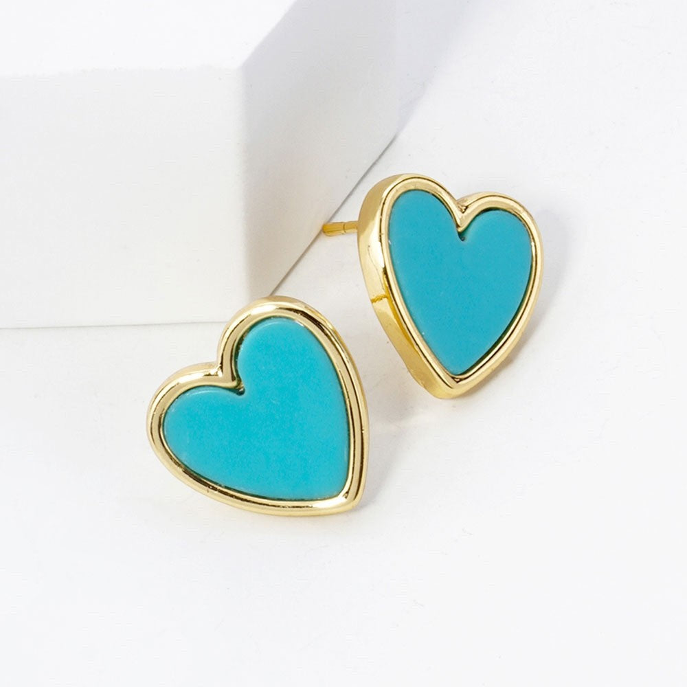 Turquoise Heart Stud Earrings - Gold Dipped Sterling Silver Post Enamel Jewelry