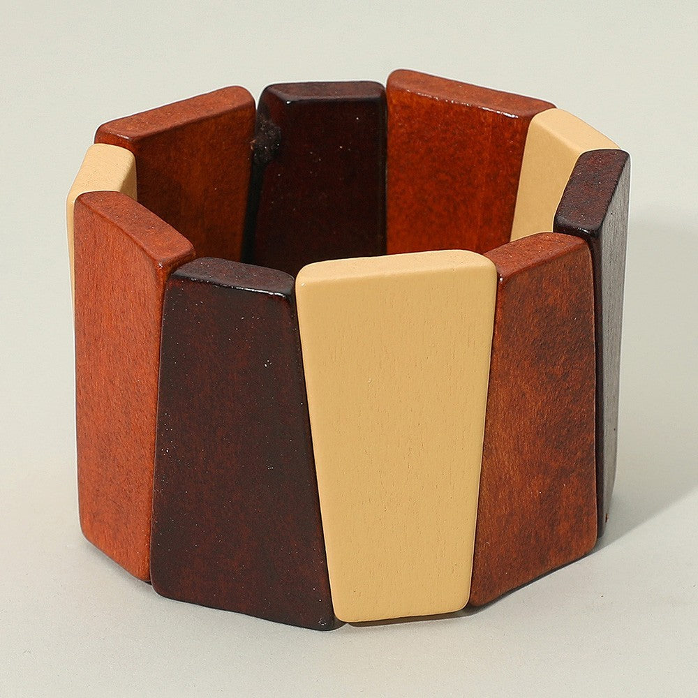 2PCS Bold Chunky Geometric Multicolor Wooden Stretch Statement Bracelets