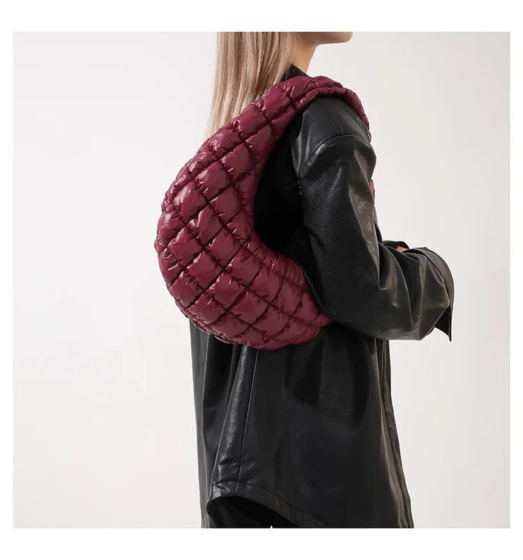 Women's Burgundy Puffer Quilted Crescent Hobo Shoulder Bag Purse