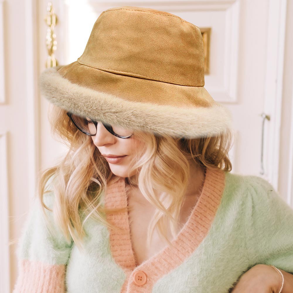 Solid Faux Suede Plush Bucket Hat Warm Winter Fashion Cap with Faux Fur Trim