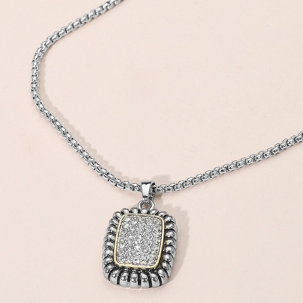 Silver Two-Tone Pave Rectangle Pendant Necklace with Adjustable Link Chain 18"