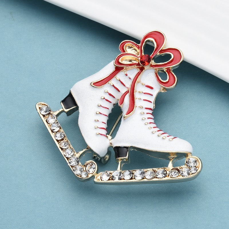 White Enamel Rhinestone Ice Skates Christmas Winter Brooch Pin Red Bow