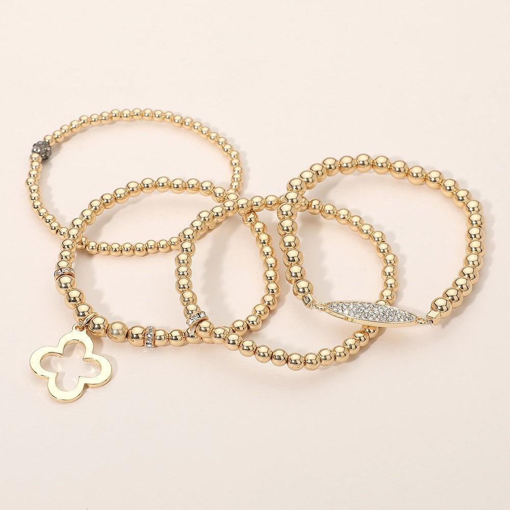 4pc Gold Beaded Stretch Bracelet Set with Pave Eye and Clover Charms - Bold