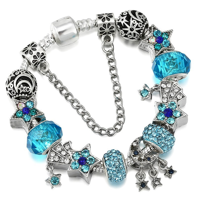 Blue Crystal Star Moon Celestial Charm Bracelet Modular Bead System Jewelry Gift