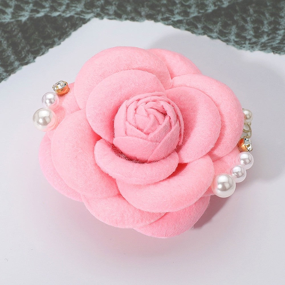 Pink Felt Rose Flower Brooch Faux Pearl Rhinestone Camellia Statement Pin 3"