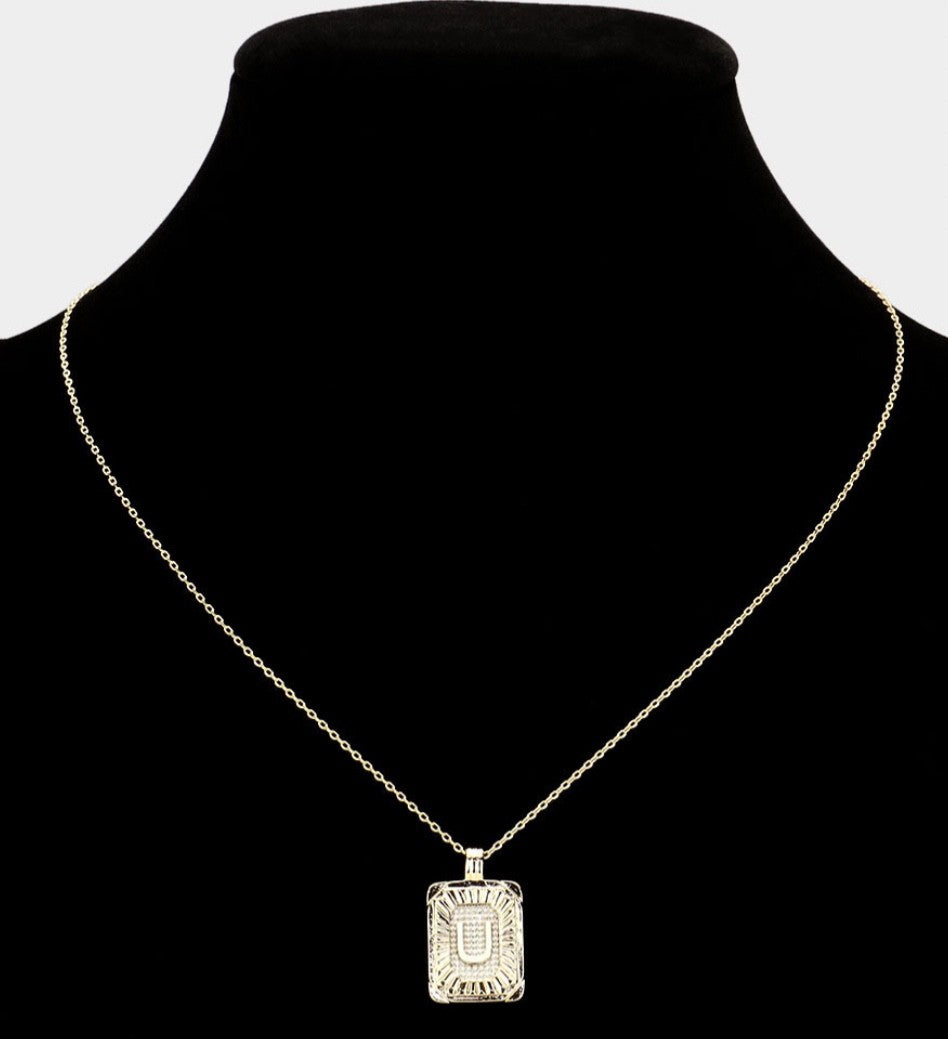 Gold Initial "U" Rectangular Sunburst Pendant Necklace - Brass Fashion Jewelry