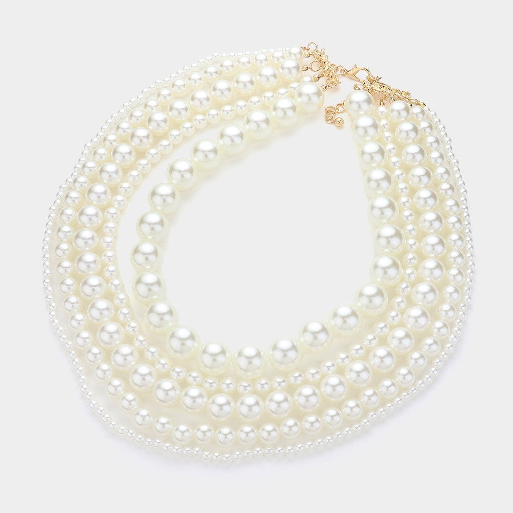 Multi-Layer Ivory Faux Pearl Statement Necklace & Earrings Set 21.5in