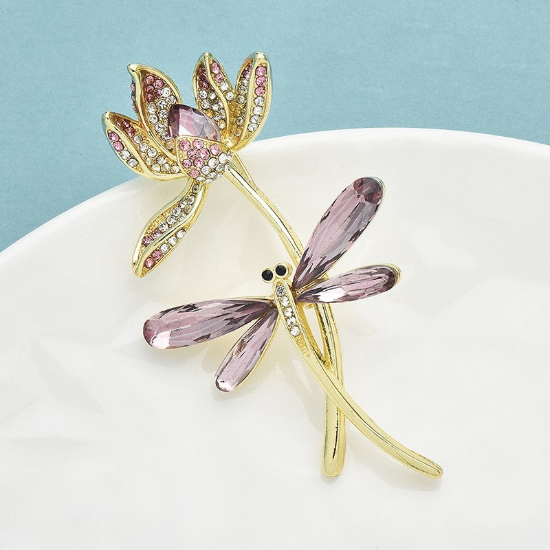 Dragonfly Flower Brooch Pink Rhinestone Gold-Tone Insect Jewelry Elegant Gift