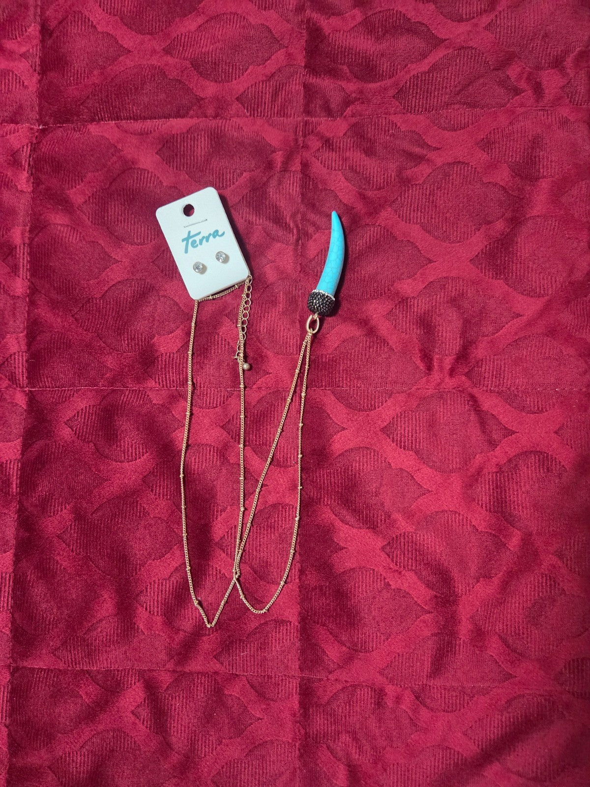 Boho Gold Chain Necklace with Turquoise Horn Pendant & Crystal Stud Earrings Set