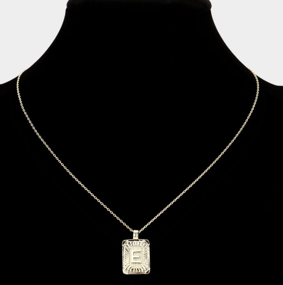Gold Initial "E" Rectangular Sunburst Pendant Necklace - Brass Fashion Jewelry