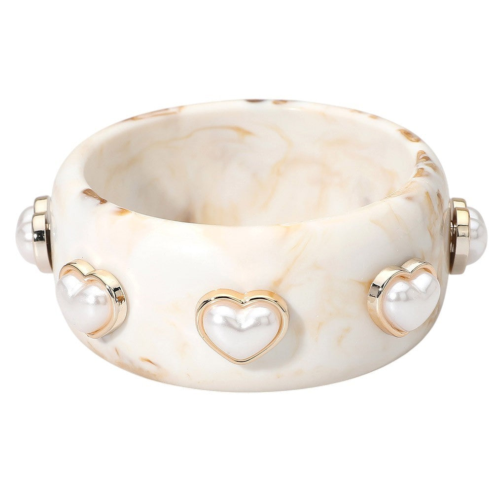 Cream Marble Resin Bangle Bracelet with Faux Pearl Heart Studded Accents