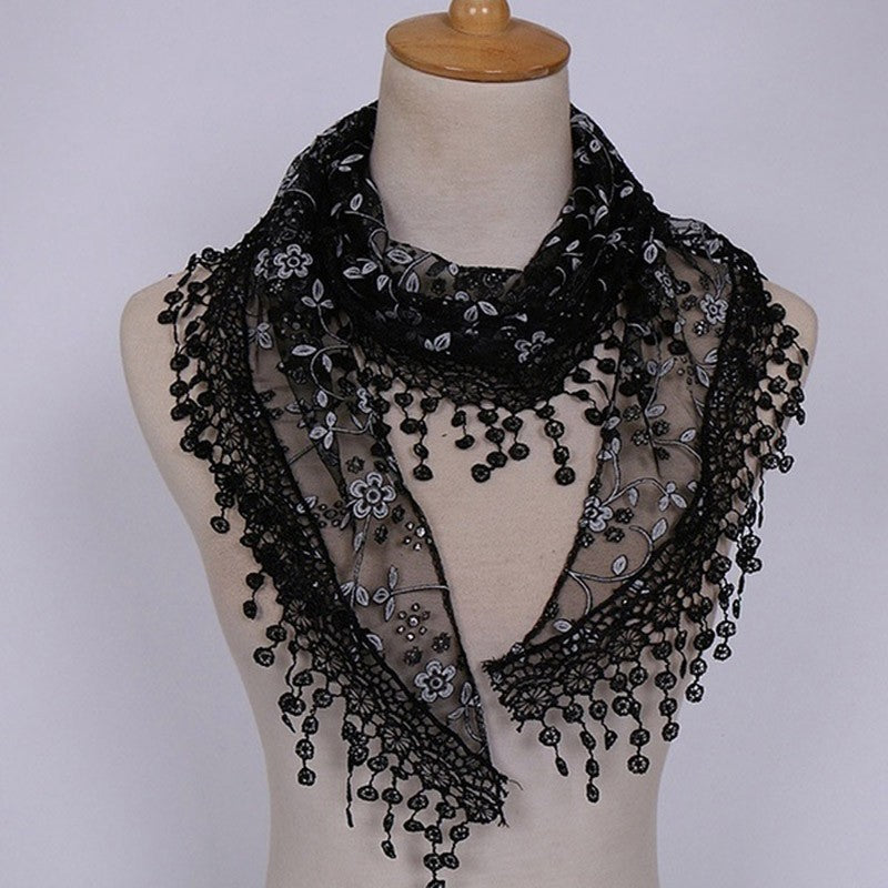 Women's Tasseled Black Floral Lace ScarfLightweight Elegant Shawl Wrap Ladies