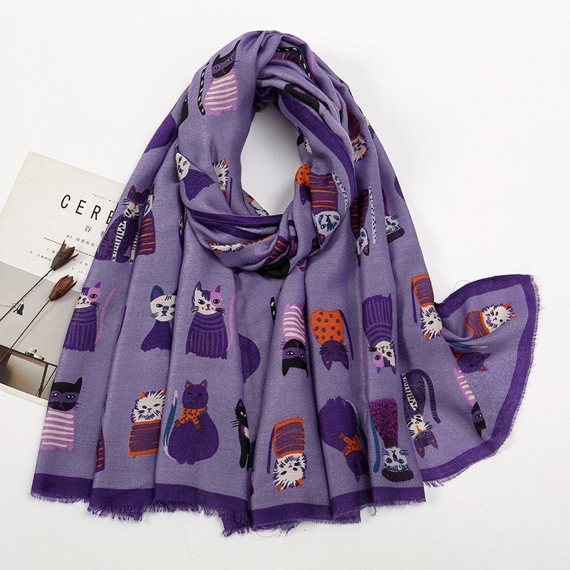 Purple Cat Print Viscose Scarf Shawl Wrap Kitten Lover Gift