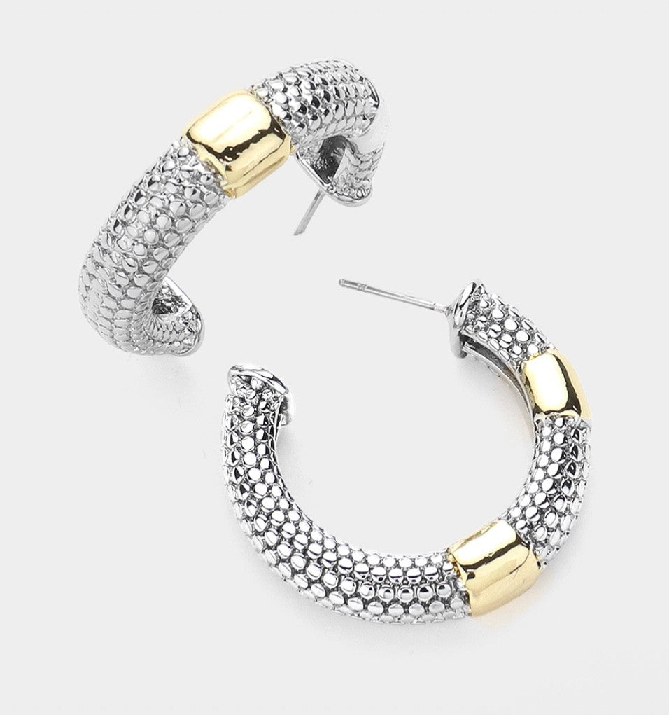 Textured Silver & Gold Tone Two-Tone Huggie Hoop Fashion Earrings