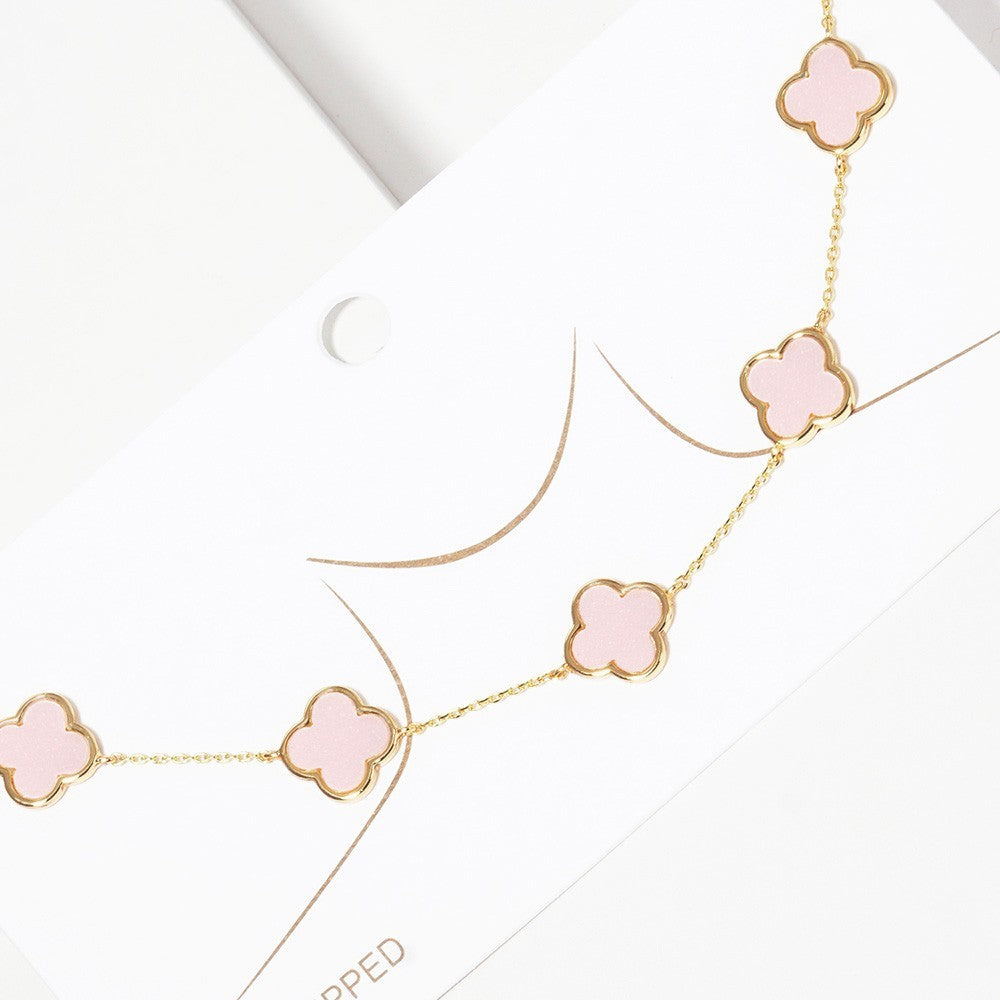 2pcs Gold Dipped Quatrefoil Station Necklaces Red & Pink Enamel Jewelry Set