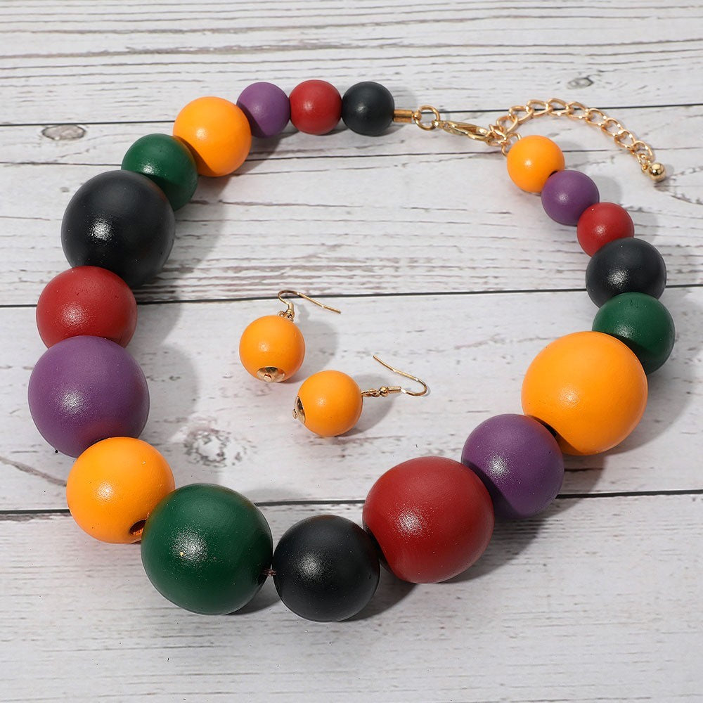 Wooden Beaded Statement Necklace Women Multi-Layered Boho Fashion Jewelry