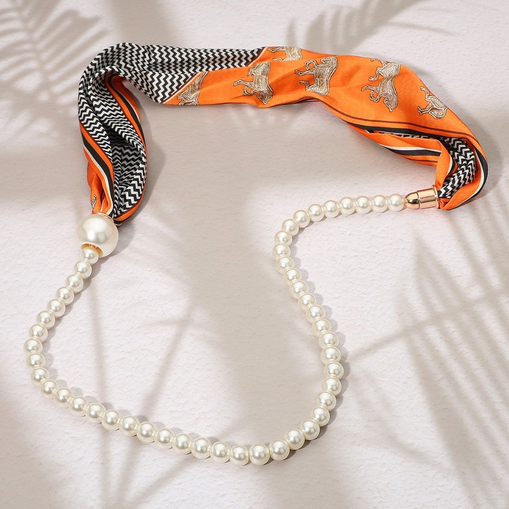 Orange Equestrian Pattern Scarf & Faux Pearl Beaded Statement Fashion Necklace