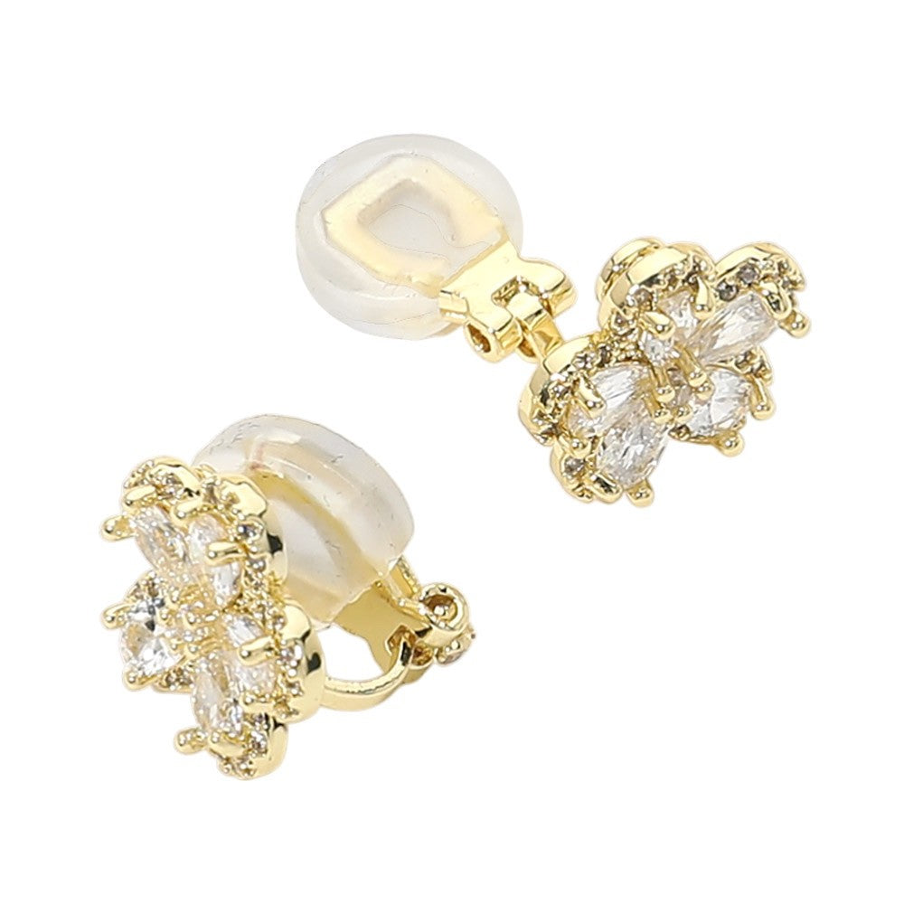 Gold Tone Cubic Zirconia Flower Cluster Clip On Earrings for Non Pierced Ears
