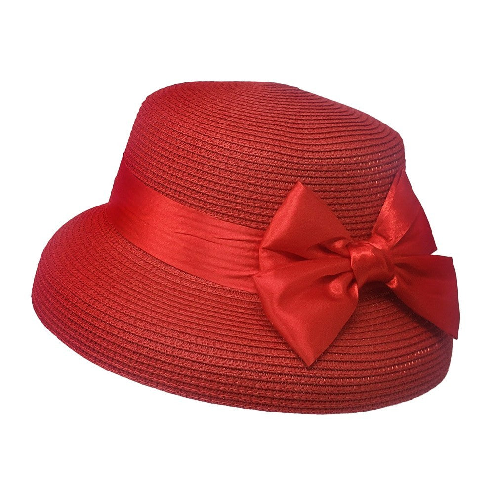Women Red Paper Straw Derby Hat Wide Brim Sun Hat With Satin Bow Adjustable