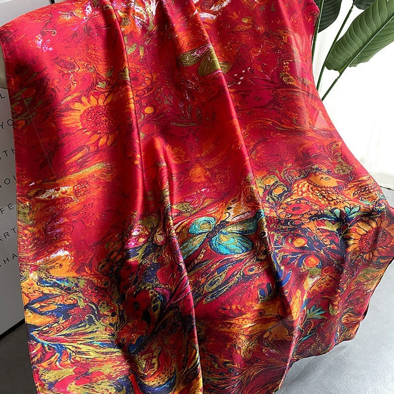 Luxury Red Abstract Art Scarf Silk-Feel Large Satin Shawl Oil Painting Print