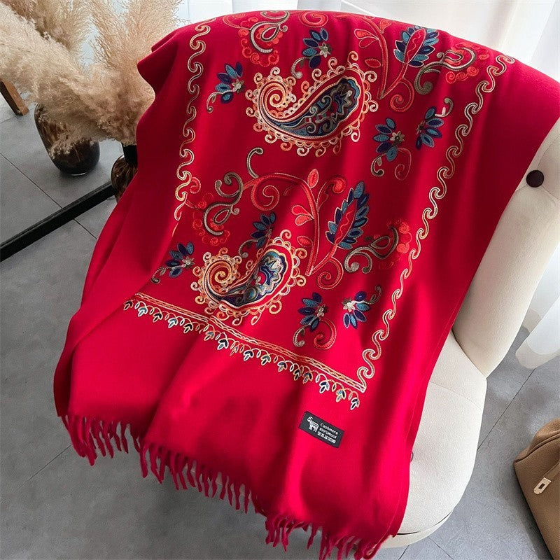 Red Embroidered Cashmere Feel Shawl Wrap Oversized Paisley Fringed Scarf
