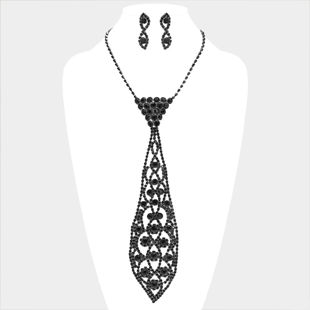 Black Rhinestone Necktie Necklace & Earring Set - Glamour Statement Jewelry