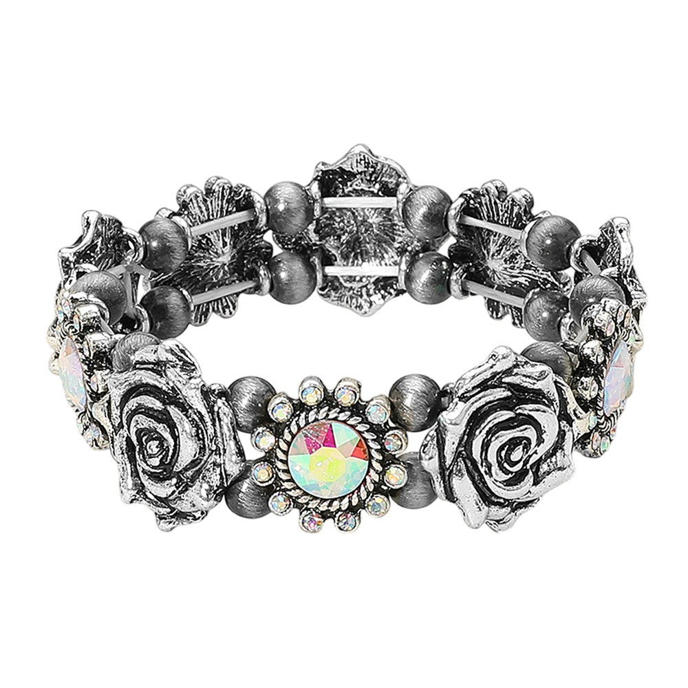 Antique Silver Western Rose Flower Stretch Bracelet with Rhinestone Accents