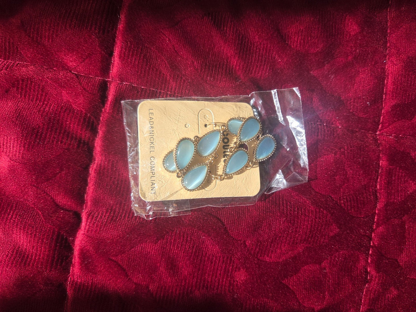 Tears of Joy Blue Cat Eye Dangle Chandelier Drop Earrings Gold Tone Hypoallergen