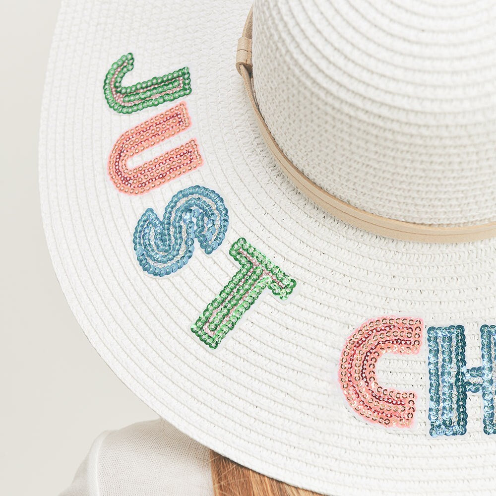 Just Chill Out Sequin Straw Panama Hat for Women Summer Beach Sun Hat White