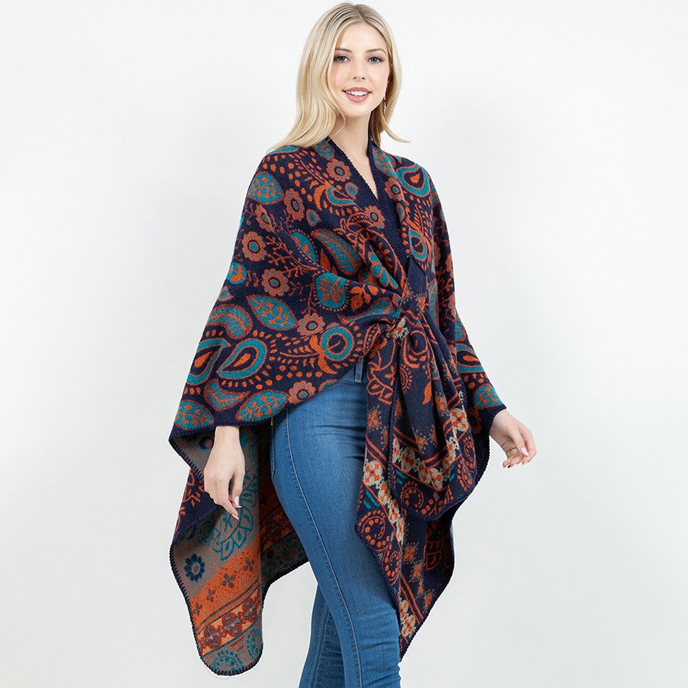 Open Front Boho Floral Paisley Shawl Wrap Poncho with Loop – Navy One Size