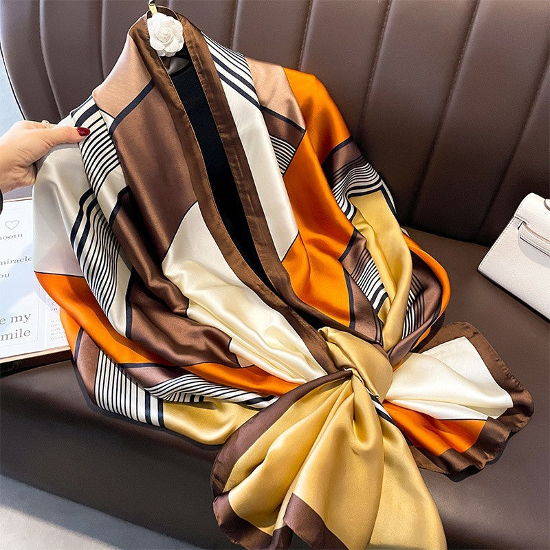 Abstract Geometric Silk Feel Scarf Shawl 71 x 35 Inch Brown Orange