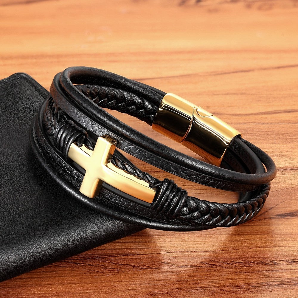 Men's Black Leather Braid Multi-Layer Bracelet Gold Cross Magnetic Clasp