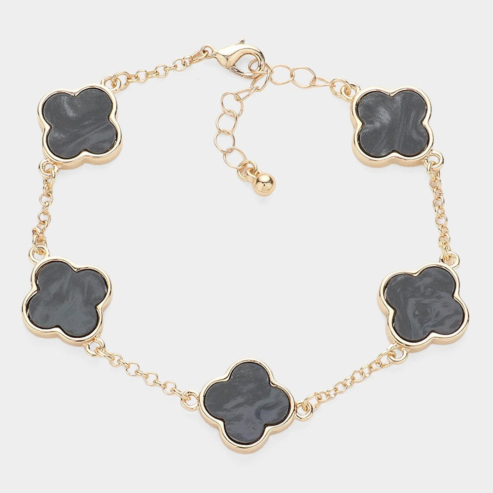 Black Mother of Pearl Quatrefoil Station Bracelet for Women Gold Tone Chain