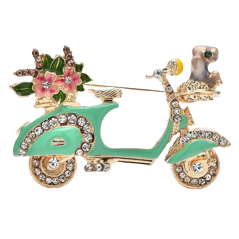 2pc Retro Enamel Scooter Brooch Set Green Motorbike Flower Rhinestone Pins