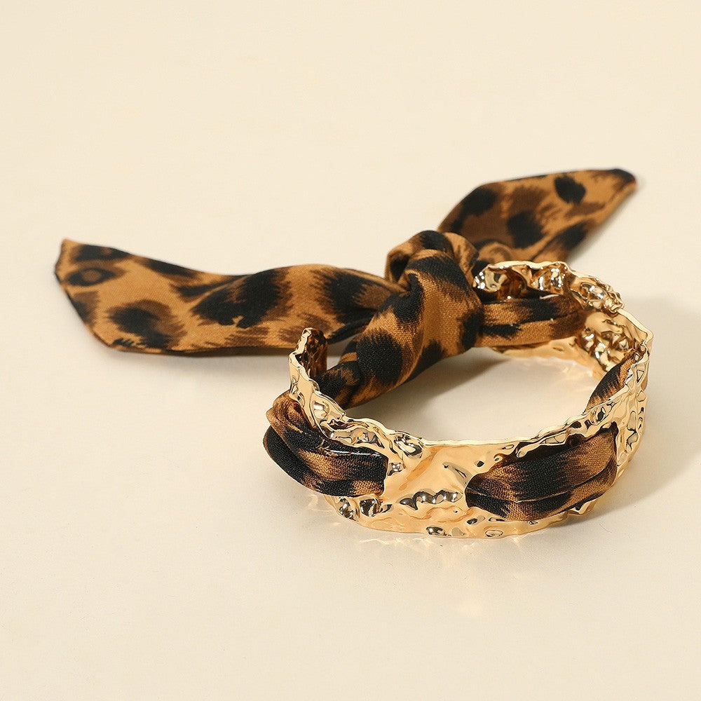 2pc Leopard Print Fabric Bow Gold Cuff Bracelet Set Adjustable Women's Jewelry