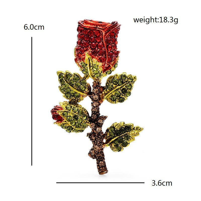 Red Rose Rhinestone Flower Brooch for Women