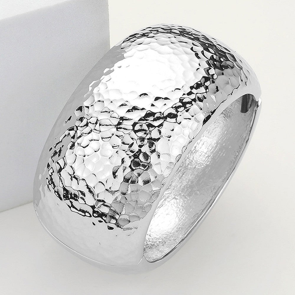 Hammered Metal Wide Dome Hinged Bangle Bracelet for Women Chunky Bracelets